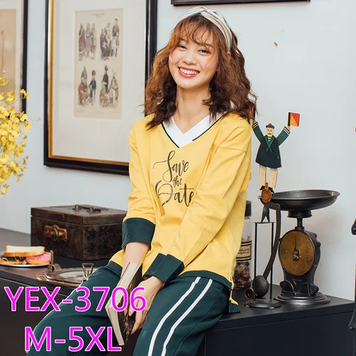 YEX-3706 Осенне-зимние пижамные комплекты размера плюс 3XL 4XL 5XL, хлопковые пижамы с длинным рукавом, свободная одежда для сна, пижамы с v-образным вырезом, женские пижамные комплекты - Цвет: YEX-3706