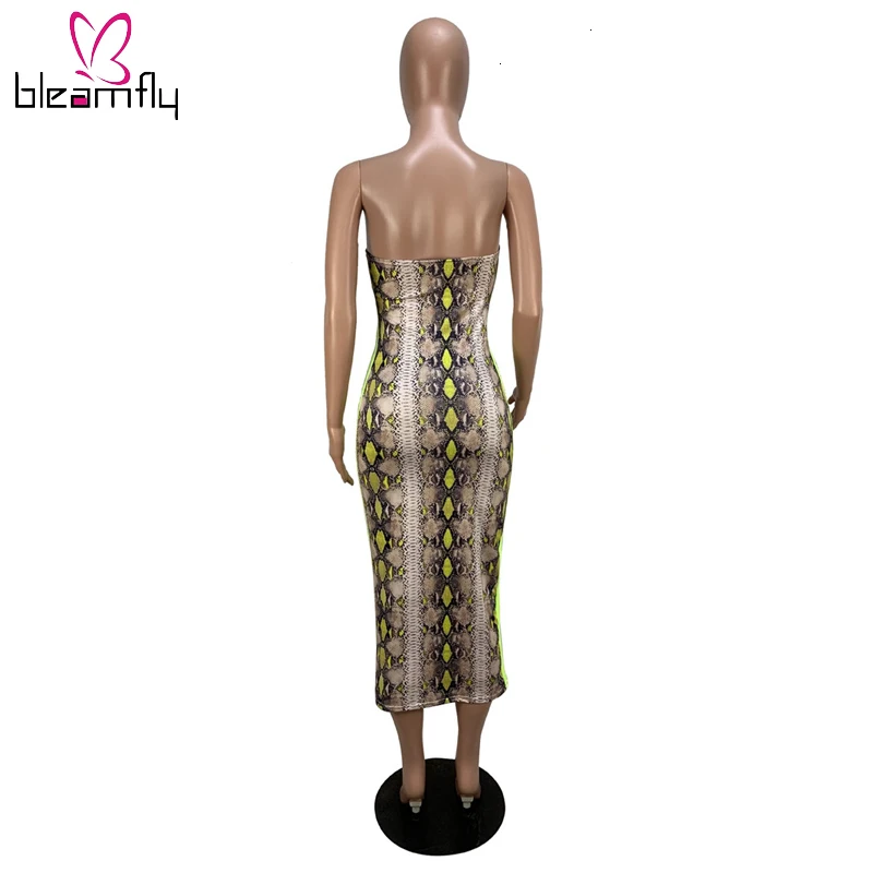 Неоновое желтое Сетчатое платье со змеиным принтом без бретелек облегающее