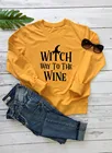 Толстовка witch way to the wine, Новое поступление, женские забавные повседневные топы с длинными рукавами из 100% хлопка, футболка с изображением бутылки вина на Хэллоуин