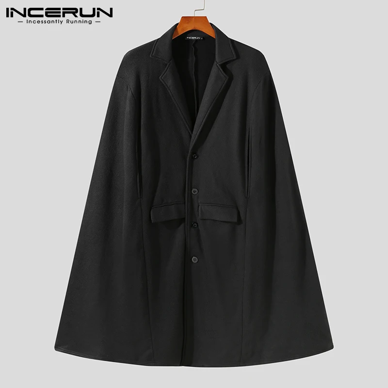 

Fashion Men Cloak Long Coats Lapel Button Ponchos Streetwear Solid Color Cape 2021 Loose Autumn Casual Men Trench S-5XL INCERUN