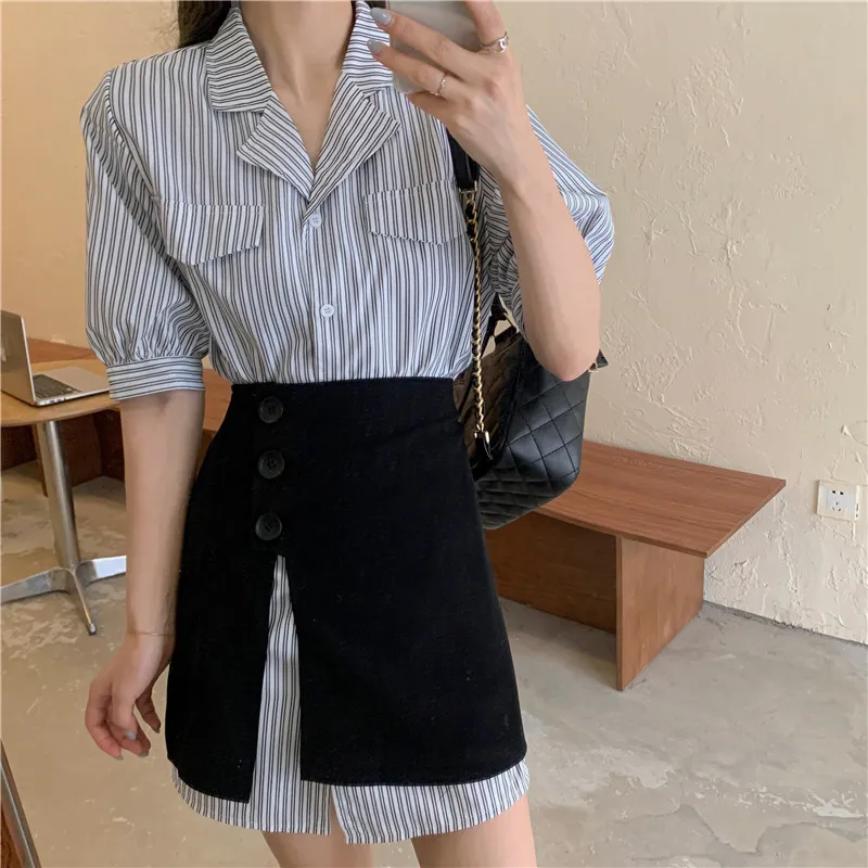 

Hong Kong Style Short Sleeve Striped Shirt Dress for Women 2021 New Summer Inner Design Tight Waist Figure Flattering Short