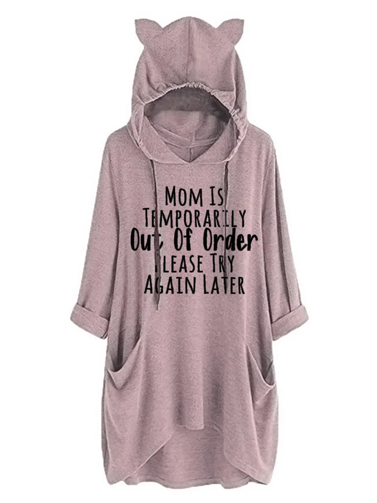 

2022 Spring Autumn Women Pocket Oversize Sweatshirt Cat Ear Mom Out Of Order Letter Graphic Drawstring Hoodie Pullover Cute Cozy