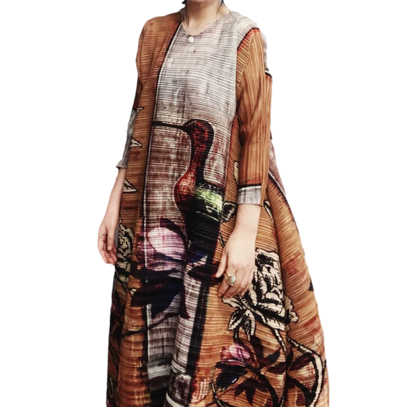 LANMREM 2021 Новое Осеннее плиссированное платье средней длины с круглым воротником и