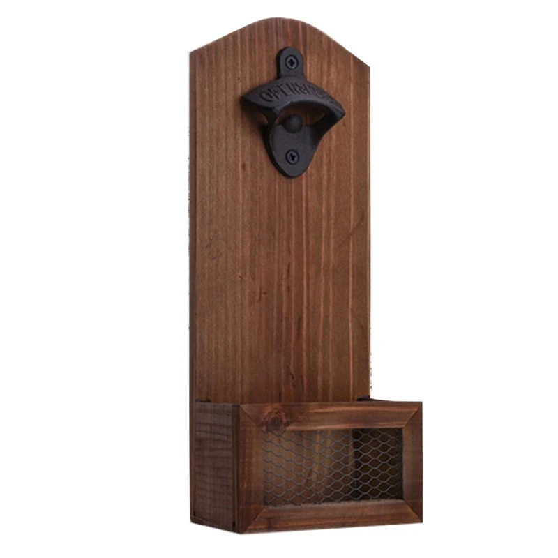 

Wall Mounted Vintage Wooden Bottle Opener with Catcher for Bar Kitchen Home B03E
