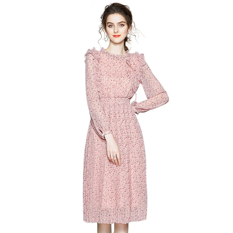 

New High Quality Style Pastoral Floral Chiffon Pleated Skirt Women 2021 Spring/Summer Elegant Dress Retro Pleated Party Vestidos