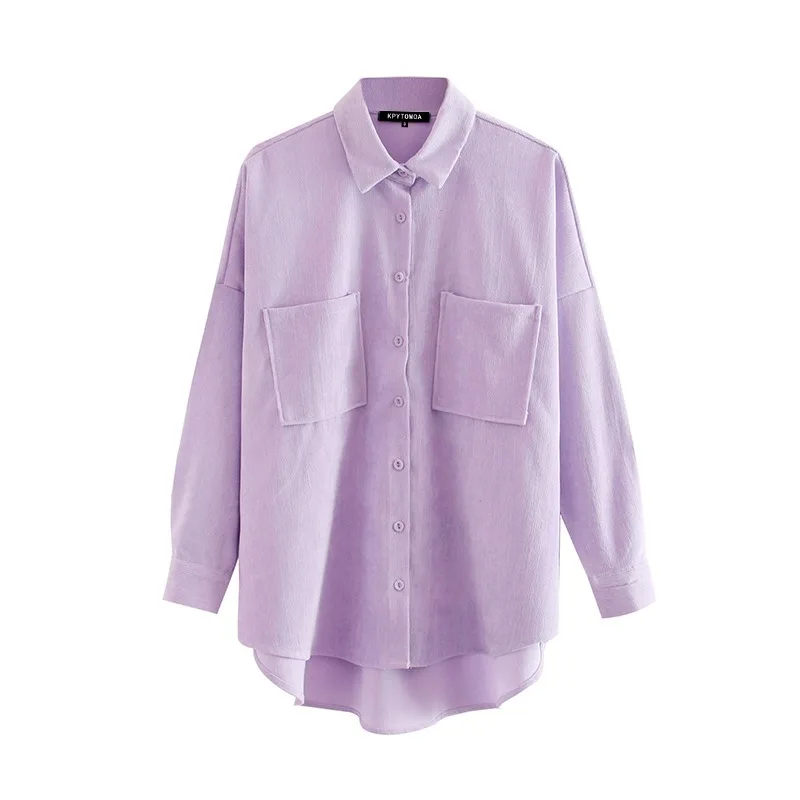 

2020New Women Fashion Pockets Oversized Corduroy Shirts Vintage Long Sleeve Asymmetric Loose Female Blouses Chic Tops