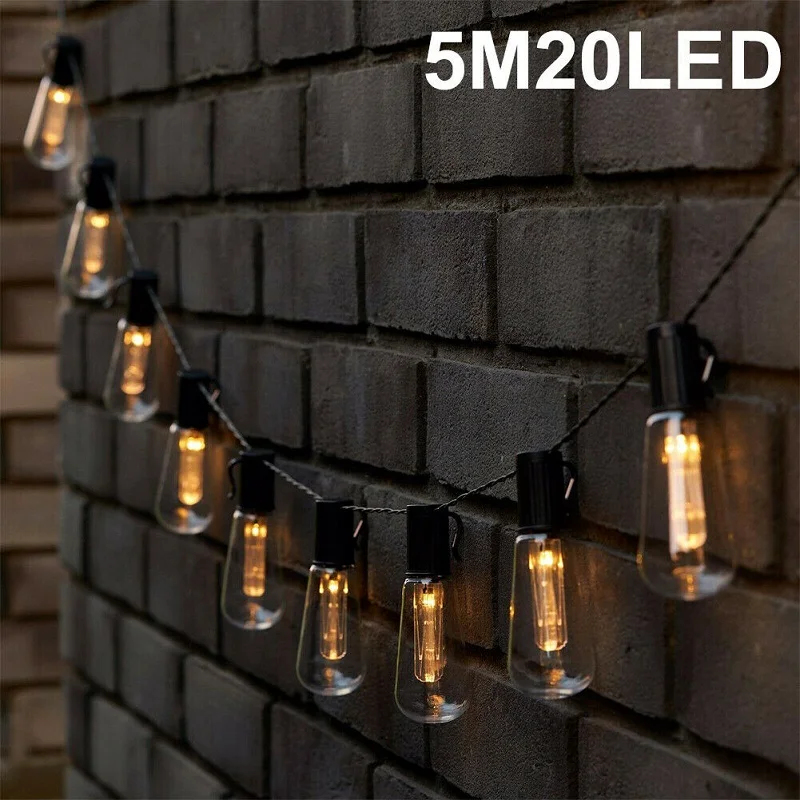 

Гирлянда на солнечной батарее с 20 лампами, уличные винтажные фонари для патио, сада, осветительные струны 5 м