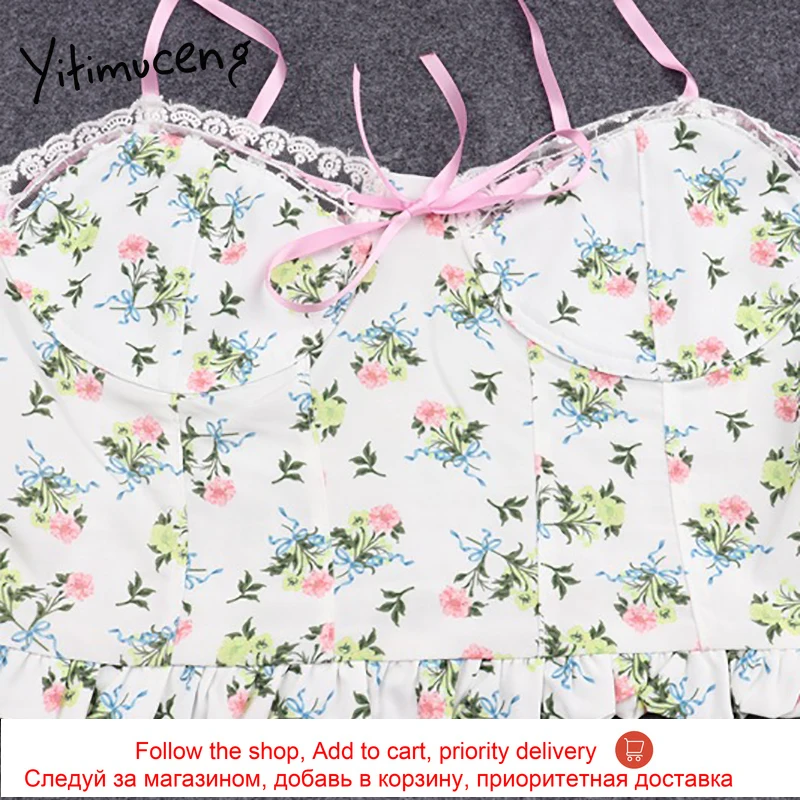 

Yitimuceng Lace Print Camis Tank Tops for Women White Bow Spaghetti Strap Summer 2021 Backless Spliced Sexy Club Cropped Top New