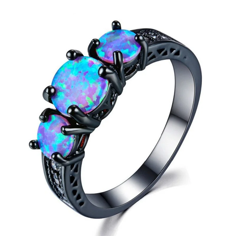 

Milangirl Hot Sale Female Round Blue Fire Opal Fashion Ring Black Filled Wedding Rings for Women Vintage Jewelry Anillos Mujer