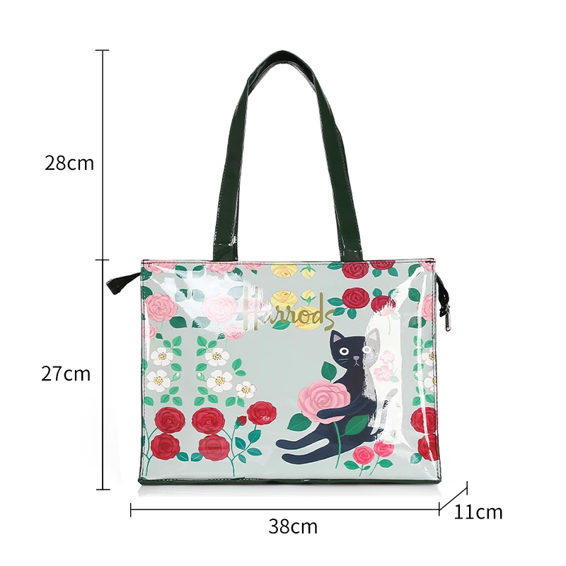 

London Style PVC Reusable Shopping Bag Women's Bag Eco Friendly Flower Shopper Bag Waterproof Handbag Lunch Tote Shoulder Bag