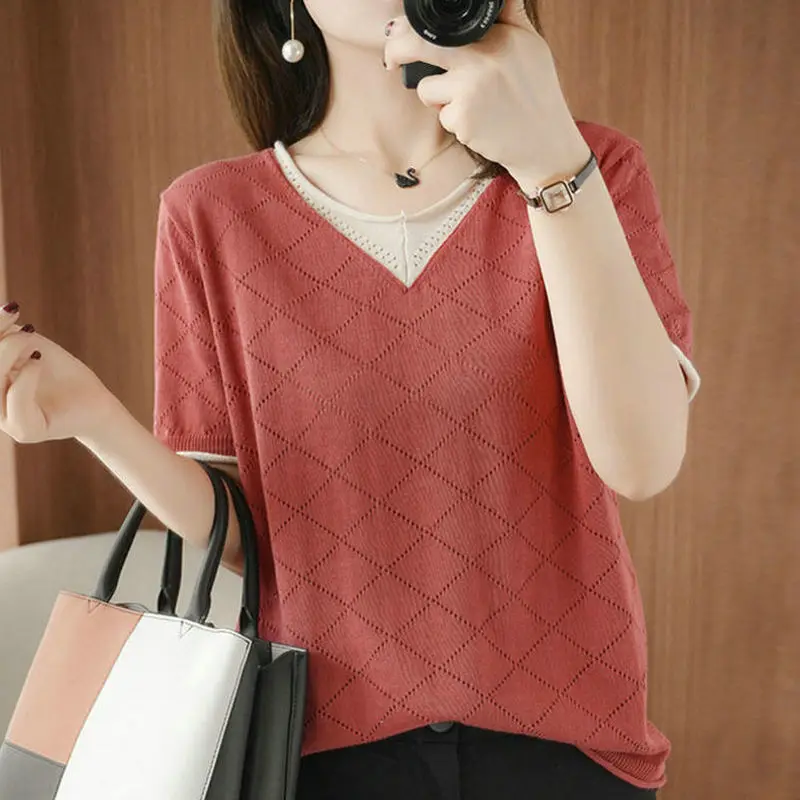 

T Shirt Women 100% Cotton Knitted Tshirt Summer Thin Hallow Out Pullovers Short Sleeve Tees Plus Size Loose T-Shirts Female