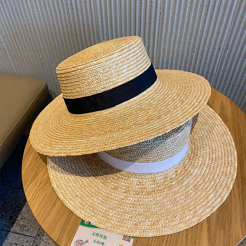 

Flat Top Wide Brim Floppy Girls Straw Sun Hats Beach Women Summer Hat UV Protect Travel Vacation Cap Simple Casual Visors Cap