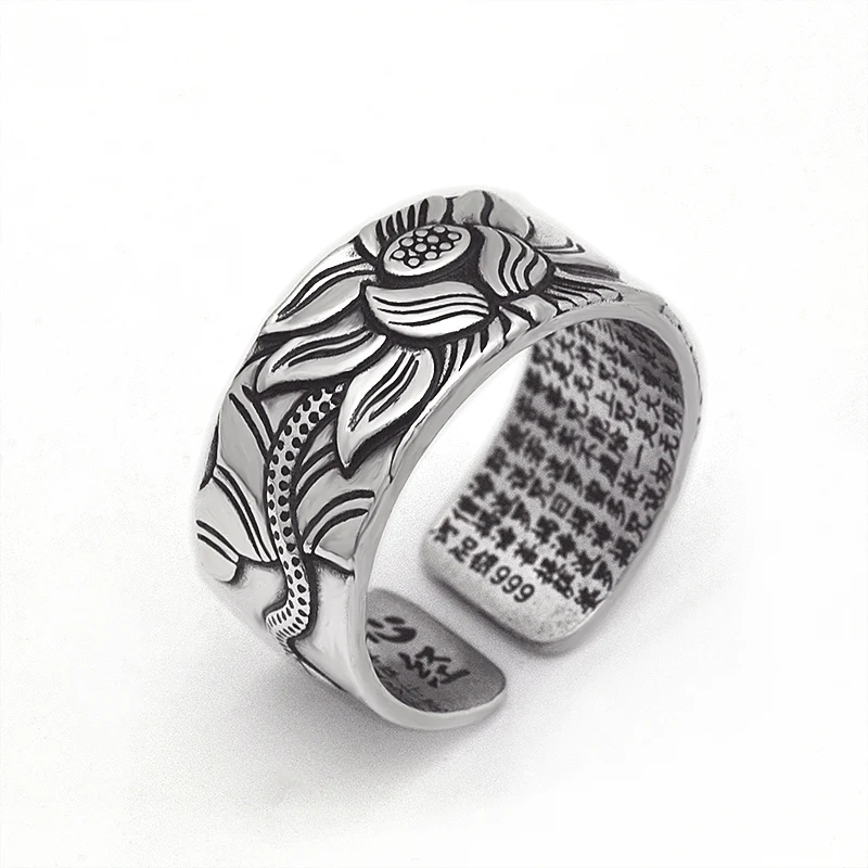 

Guarantee 999 Sterling Silver Lotus Rings For Men And Women Heart Sutra Scriptures Engraved Buddhism Thai Jewelry Resizable 8-12