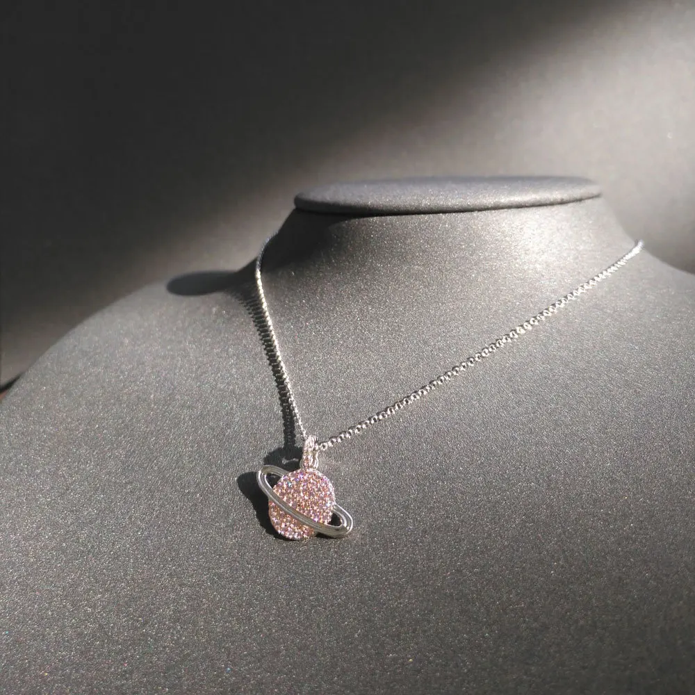 

s925 sterling silver new rainbow planet necklace female pink planet pendant small man waist clavicle chain fashion sweet style