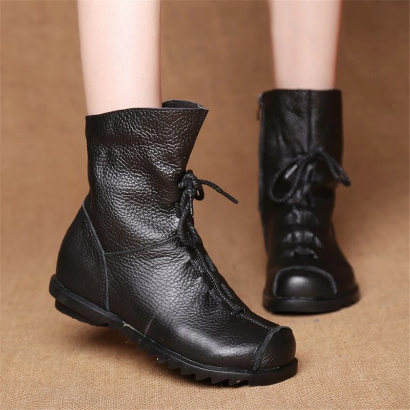 

Genuine Leather Plush women's short Boots Retro Casual Autumn Winter Women's Boots Waterproof leather warm Snow boots