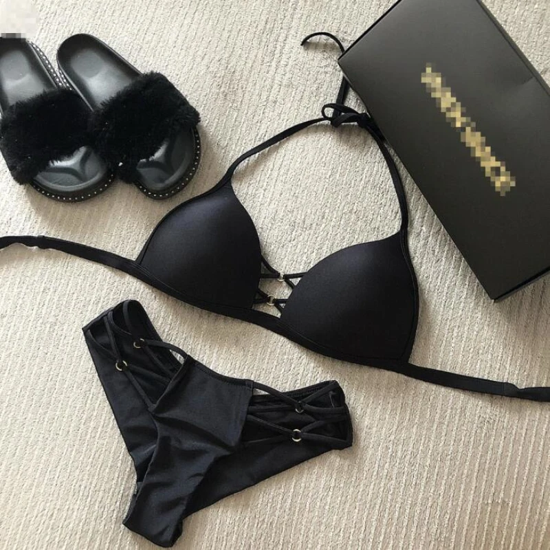 

Sexy String Bikini Set 2020 Halter Swimsuit Backless Bathing Suit Solid Black Bikini Brazilian Biquini Push Up Swimwear Women