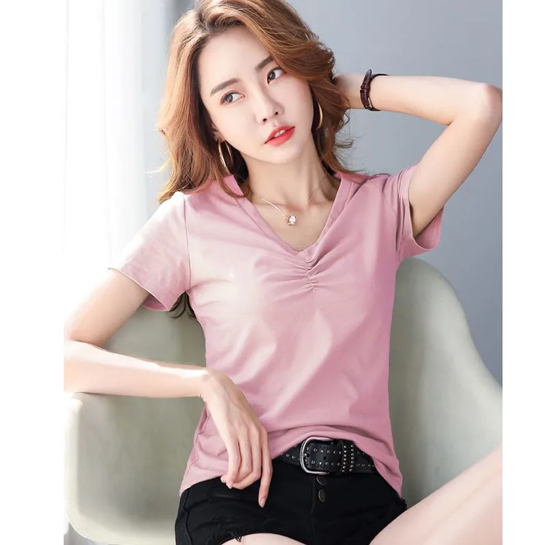

Real shooting pure cotton solid color V-neck loose short sleeve T-shirt