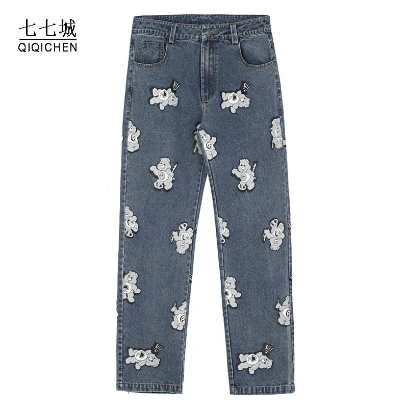 

Streetwear Denim Pants Men Bear Patch Straight Casual Jeans Harajuku Hip Hop Jogger Men's Loose Pants 2021 Spring Autumn