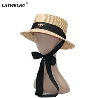 new fashion bee long ribbon girls sun hats women summer straw beach hats parent child hat children visor cap wholesale nh818