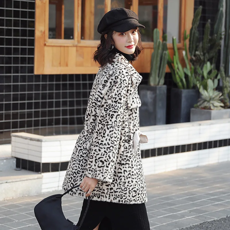 Trendy Imitation Mink Velvet Leopard Winter Coats Women Rabbit Fur Bow Belts Overcoats Vintage Turn-down Collar Female Outwear