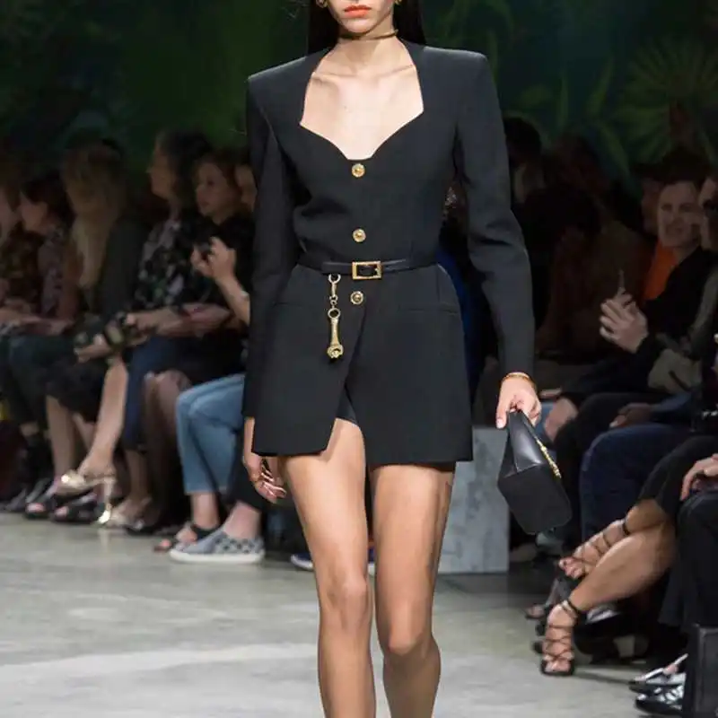 

Autumn New Black Suit Blazers Women Sexy Square Collar High Waist Long Sleeve Professional Jackets with Belt As Star Clothes