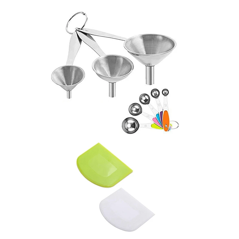 

LUDA 2PCS Dough Scraper Bowl Scraper With Kitchen Funnels,Stainless Steel Funnel And Measuring Spoons,Funnel With Long Handle