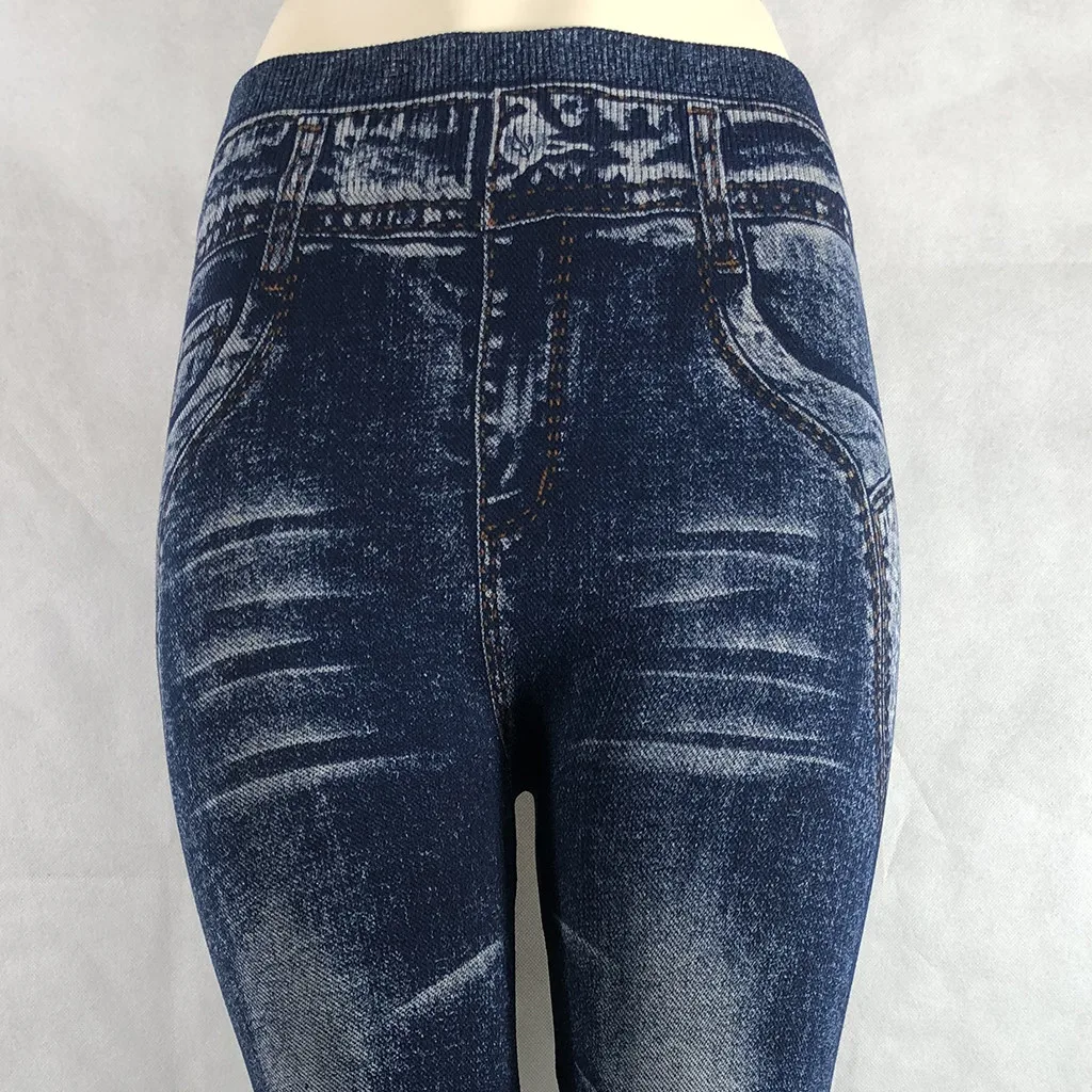 Женские эластичные джинсы с высокой талией принтом Леггинсы имитацией джинсов