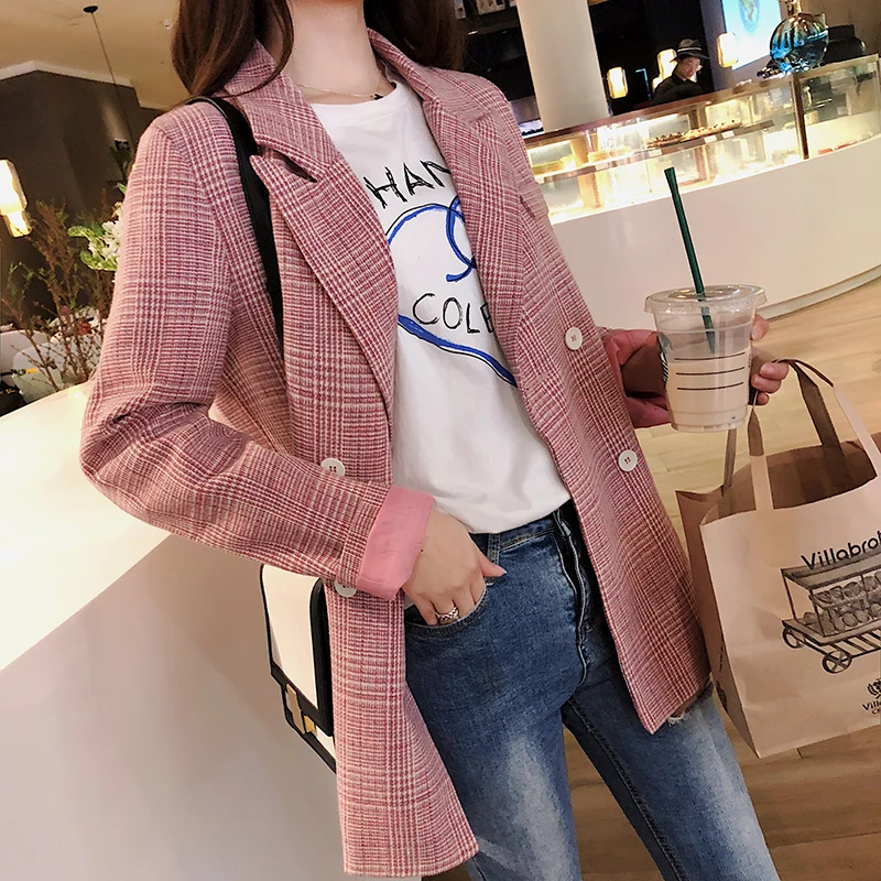 Autumn 2021 Women's Korean Pink Plaid Spring Autumn Long Sleeve Top Coat New Double Breasted Jacket Coat Long Outwear