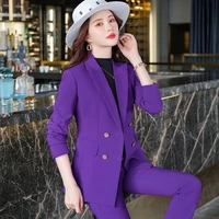 autumn winter dress korean formal dress womens office dress purple long sleeve jacket coat pants work clothes 2 piece suit