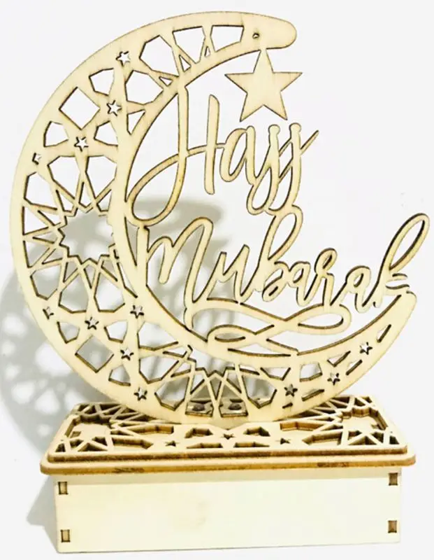 

New Wooden Ramadan Eid Mubarak Moon Star Islam Hajj Mubarak Hanging Pendant Plate With LED String Lights Ornament Home Party