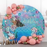laeacco mermaid theme baby happy birthday round circle photography backdrops coral portrait customized banner photo backgrounds