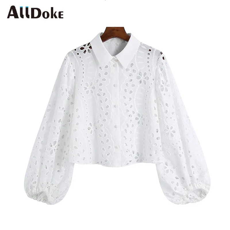 

Alldoke White Hollow Out Floral Embroidery Blouse Women Summer Turn-down Collar Puff Sleeve Vintage Blouses Femme Blusas Mujer