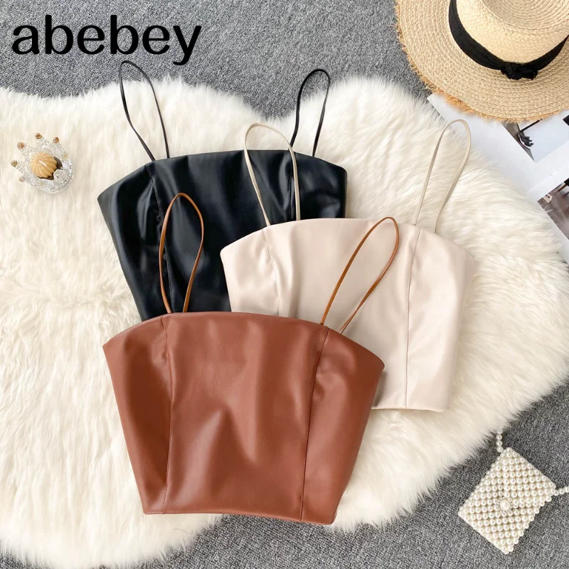 

Женская кофта из искусственной кожи, Модный корейский тонкий короткий топ без рукавов Y2K, пикантный топ с открытыми плечами и ремешком из ис...