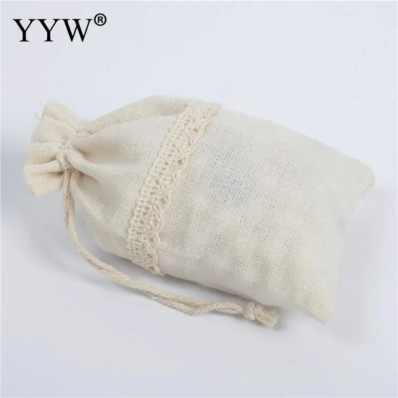 10PCs/Lot Cotton Drawstring Bag With Lace Durable Hardwearing Practical Beige Small Gift Jewelry Container 10x14cm 13x18cm | Украшения и