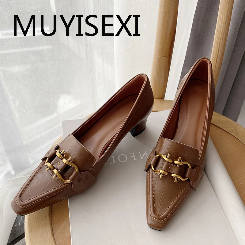 

4.5cm high heel genuine leather chunky med heel pointed toe slip on office party classic concise pump black brown DMJ09 MUYISEXI