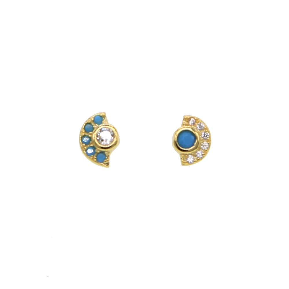 

925 sterling silver mismatched stud earring paved cz turquoises geometric minimal delicate stud for girl