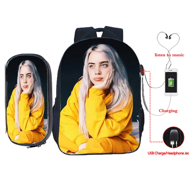 14 Billie Eilish рюкзак для зарядки через usb 2 шт./компл. школьная сумка для подростков мальчиков и девочек рюкзак для ноутбука пенал Дорожная сумка на плечо - Цвет: 14