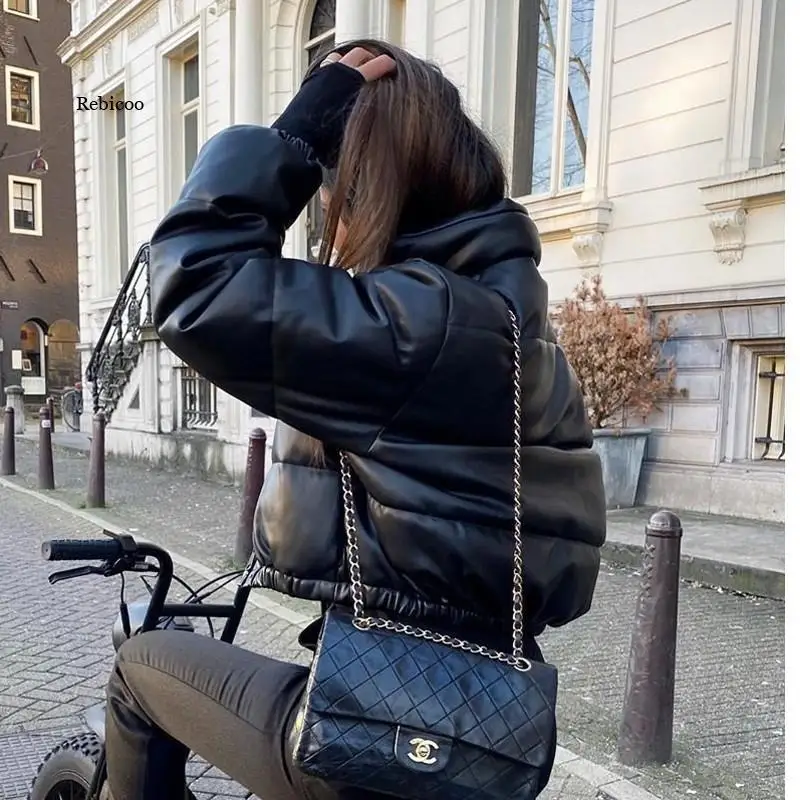 Winter Thick Warm Short Parkas Women Fashion Black Pu Leather Coats Women Elegant Zipper Cotton Jackets Female Ladies