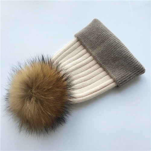 Beige-khaki N Зимняя шапка, модная шапка с натуральным мехом, женские шапки с помпоном, кашемировый шерстяной вязаный берет, меховая шапка с помпоном, шапка с большим мехом енота - Цвет: Beige-khaki N