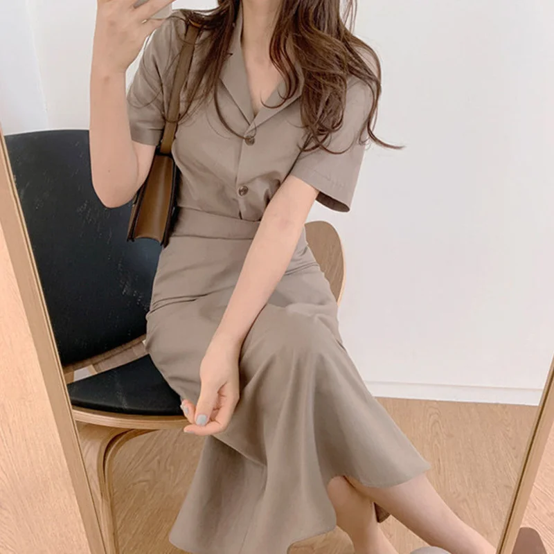 Office Lady Commute Skirt Two Piece Women Set Short Sleeve Single Breasted Turn Down Collar Top and High Waist A-line Skirt Suit