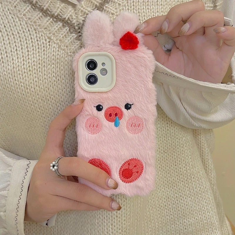 

Kawaii Japanese Pig Ears Furry Soft Phone Case For iPhone 13 Pro Max 12 11 Pro Max X Xs Max Xr 7 8 Plus Winter Warm Plush Cover