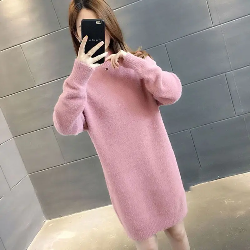 

[don't lose hair] mink like cashmere sweater for women's middle and long style with Korean loose knitted bottom coat and thick w