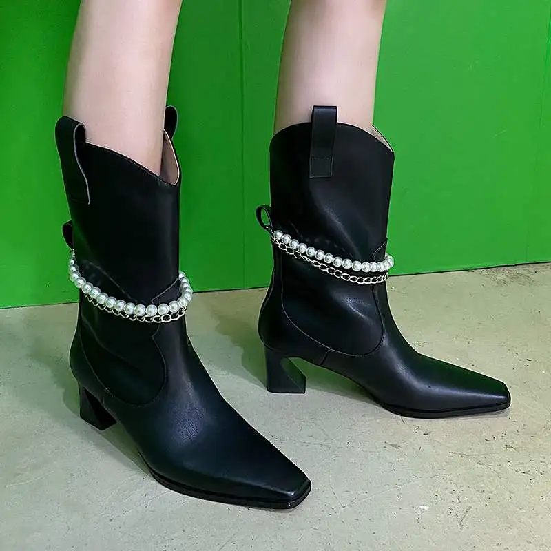 

superstar genuine leather pearl slip on square toe med heel vacation winter shoes nightclub motorcycle dress mid-calf boots L32