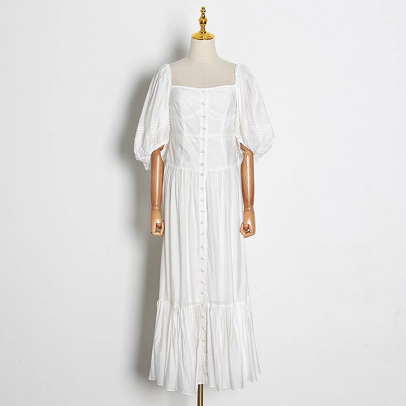

VGH Elegant Evening Party Dresses Female Square Collar Lantern Half Sleeve High Waist Maxi Dress Women Clothing 2020 Summer Tide