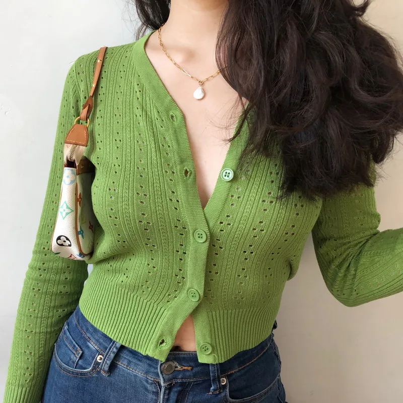 

Women Button Through Crop Pointelle Knit Cardigan Open Stitch Knit Cardigans