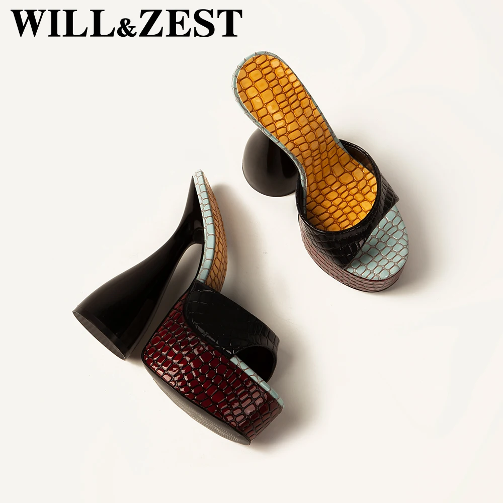 

WILL&ZEST Snake Print Grenade High Heels Open Toe Slippers Fashion Sexy Platform Women Sandals Black Party Shoes High Quality