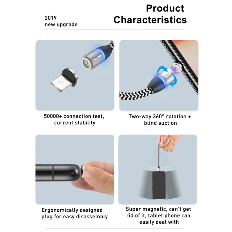 Магнитный кабель USLION Micro USB Type C для iPhone Samsung Xiaomi Huawei 2 м 3 А провод быстрой зарядки