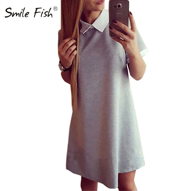 Летнее женское свободное повседневное мини платье с коротким рукавом и отложным