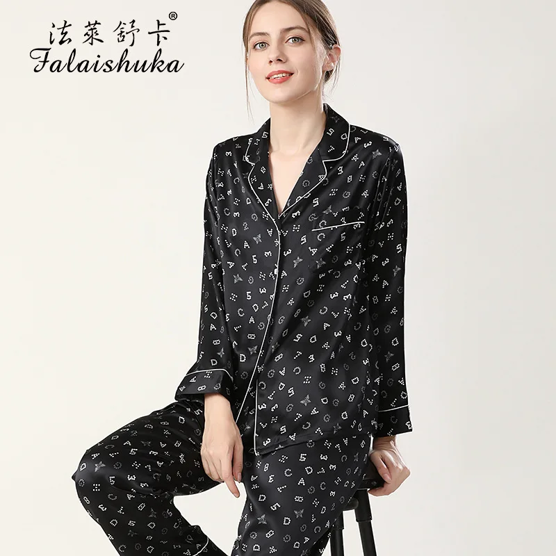 19 momme 100% silk Elegant black pajamas sets women long sleeve spring pyjamas women Noble silk sleepwear T8267