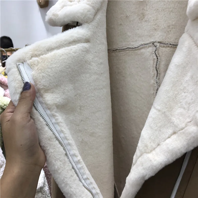 Kohuijoo Женские зимние кожаные куртки с поясом, модное пальто из овечьей шерсти и замши, женские уличные мотоциклетные теплые куртки